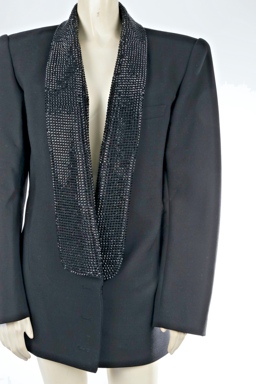 AREA Crystal Strass Lapel Open Back Tuxedo Blazer Mini Dress Black Size 6